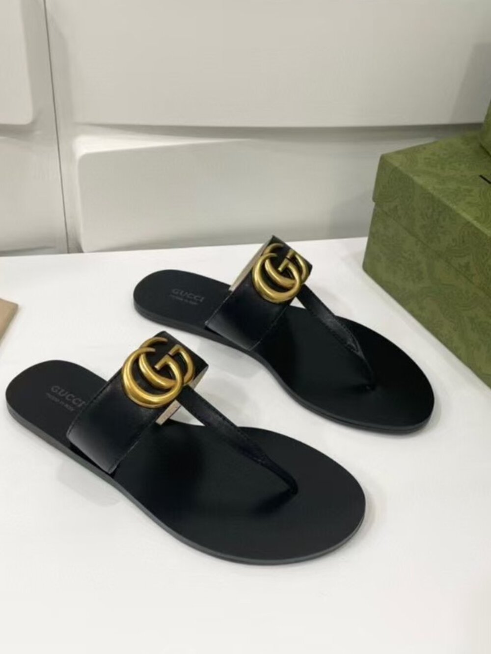 Gucci Black Leather Double G Gold Logo Thong Flat Sandals